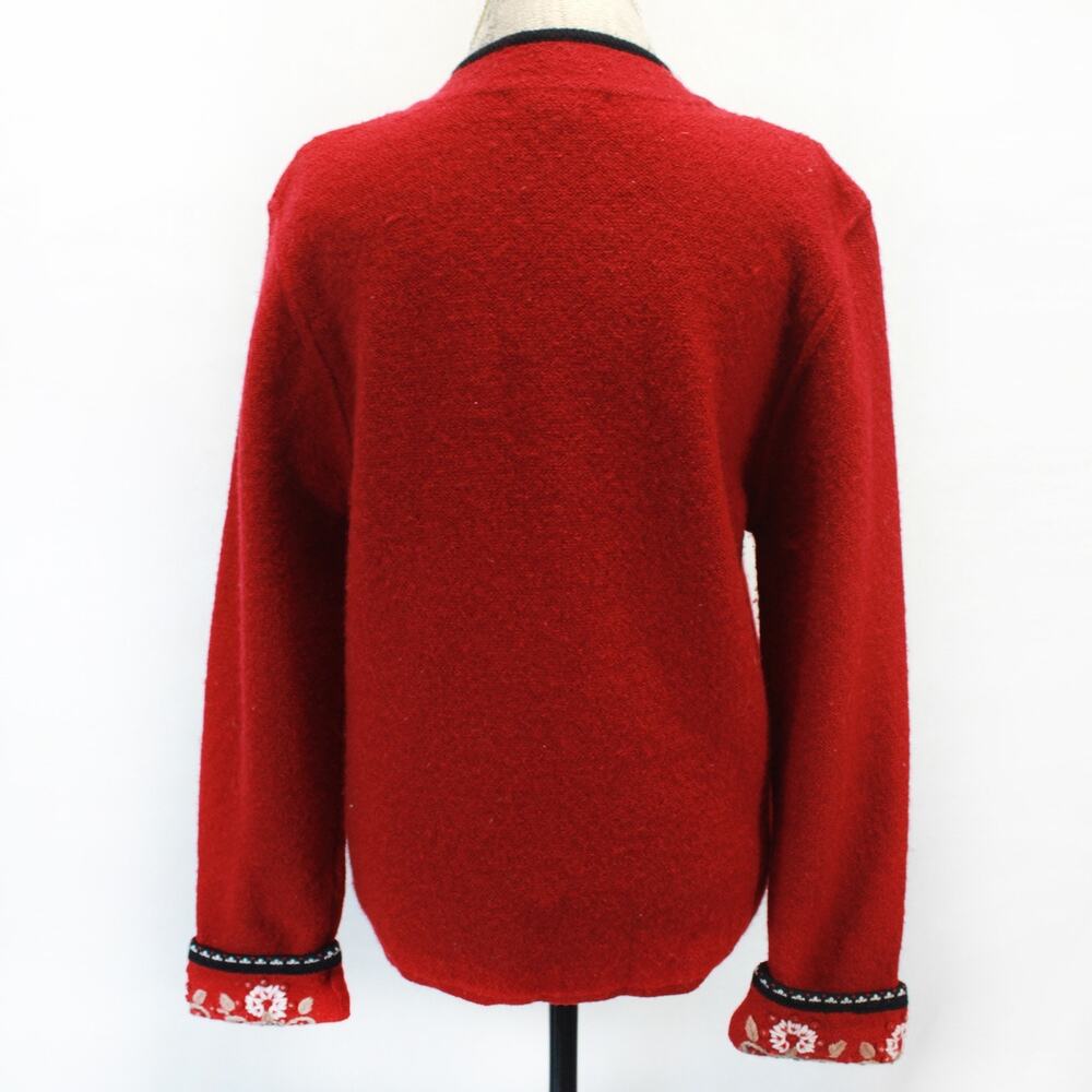 Real Comfort Red 100% Wool Sweater Cardigan Zip Embroidered Floral Cottagecore M - Picture 7 of 8